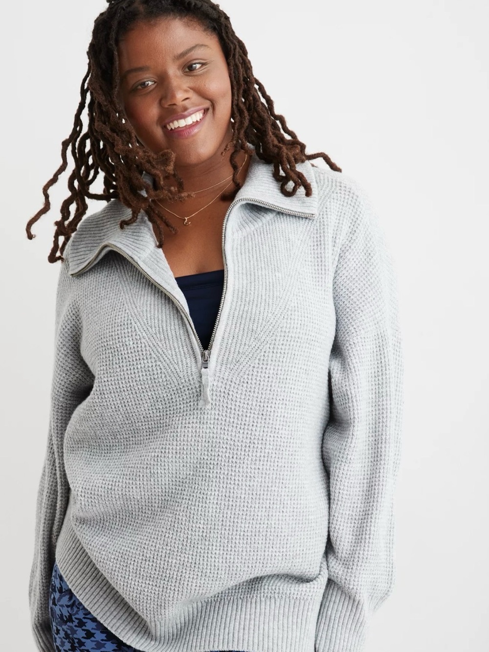 aerie Gray Cozy Up Waffle Wuarter Zip